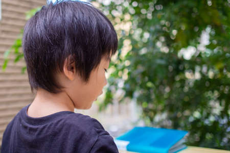 Japanese children playing in a garden with Griffith's ash treesの写真素材