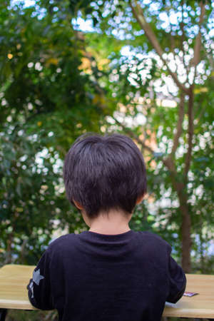 Japanese children playing in a garden with Griffith's ash treesの写真素材
