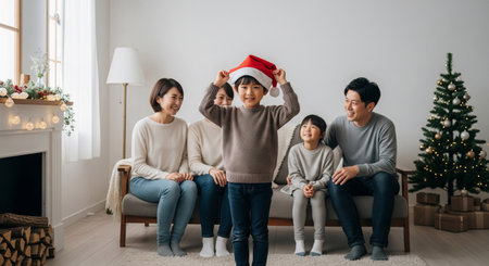 A heartâwarming family moment with a Japanese child wearing a Santa hat. Simple decor and gentle light convey a modest winter memory.の素材