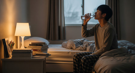 In a winter bedroom, a student prepares for sleep with a humidifier, thermoâhygrometer, and hydration. A clean, practical healthâcare scene.の素材