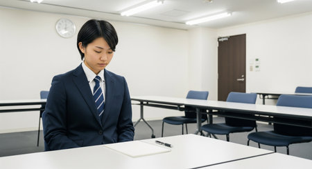 In a typical meeting room, a Japanese exam student practices interviews in a suit. A plain memo and neat posture convey readiness.の素材