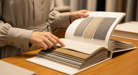 A Japanese woman examines a fabric sample book for color and texture at a store counterârealistic selection scene in calm tones.の素材