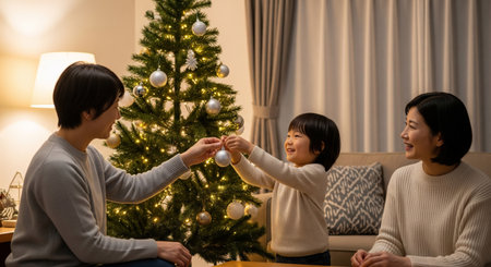 A Japanese family decorates a Christmas tree at home. Neutral ornaments and a typical living room create a warm holiday feel suitable for many uses.の素材