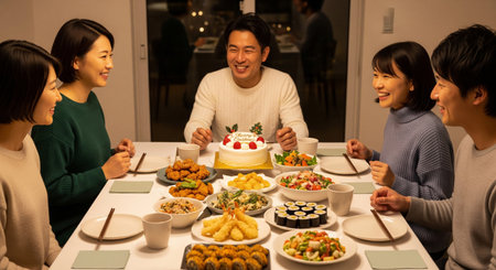 Family and friends gather around a cake for a Christmas home party in Japan. Neutral tableware and warm light create a versatile, friendly scene.の素材