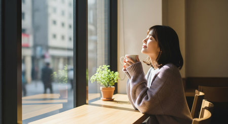 A Japanese woman enjoys a quiet break with a mug by a cafÃ© window. Minimal composition without logos expresses a gentle lifestyle.の素材