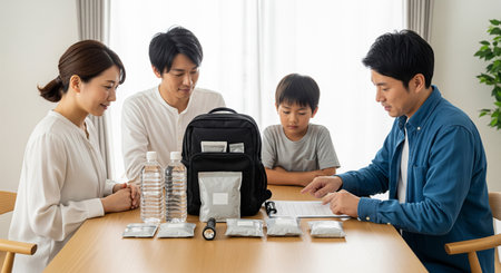 A Japanese family neatly lays out emergency items with a blank checklistâclear visual for household preparedness and mitigation.の素材