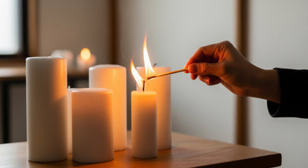 A Japanese hand lights plain candles on a table. Warm light spreads gently, creating a calm, non-religious winter atmosphere.の素材