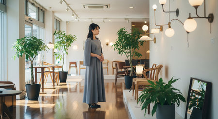 A refined Japanese woman quietly views furniture and lighting in a minimal interior shop. Calm tones suit lifestyle and retail visuals.の素材