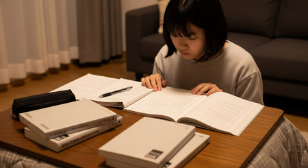 A high school student studies with a notebook and plain textbooks at a kotatsu in a Japanese living room. Ideal for winter exam season visuals.の素材