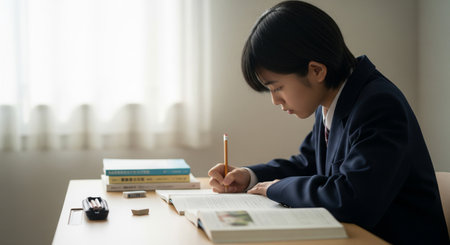 A Japanese high school student focuses on study at a tidy desk with natural light. Simple, versatile for education use.の素材