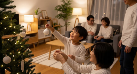A Japanese family decorates a Christmas tree at home. Neutral ornaments and a typical living room create a warm holiday feel suitable for many uses.の素材