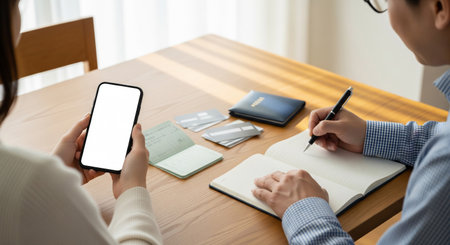 A Japanese couple organizes finances using a blank-screen phone and a notebook at a wood dining tableâpractical for budgeting topics.の素材