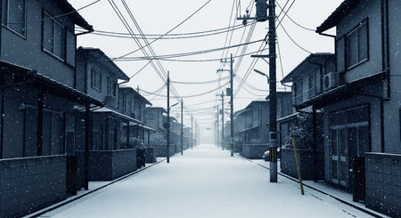 A calm snowfall over a Japanese residential neighborhood rendered in low saturation. A quiet seasonal backdrop for many uses.の素材