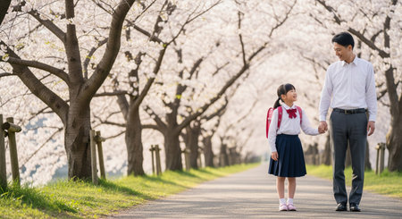 A Japanese parent and new student walk under cherry blossoms in morning light. Plain items ensure versatile spring new-life visuals.の素材