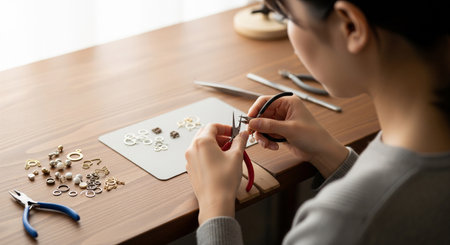 A 28-year-old Japanese creator crafts earrings at a wooden workbench in natural light. Logo-free tools suit e-commerce and workshop visuals.の素材