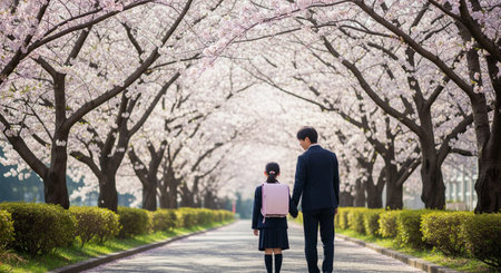 A Japanese parent and new student walk under cherry blossoms in morning light. Plain items ensure versatile spring new-life visuals.の素材