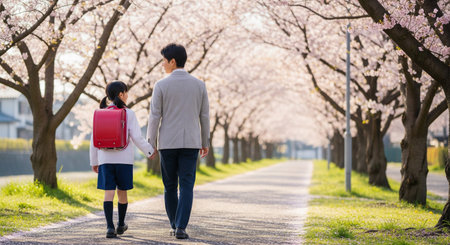 A Japanese parent and new student walk under cherry blossoms in morning light. Plain items ensure versatile spring new-life visuals.の素材