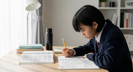 A Japanese high school student focuses on study at a tidy desk with natural light. Simple, versatile for education use.の素材