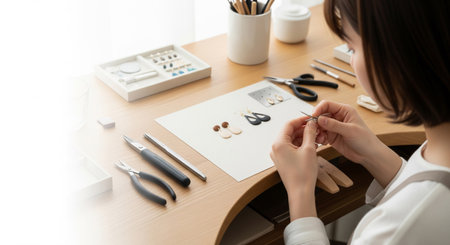A 28-year-old Japanese creator crafts earrings at a wooden workbench in natural light. Logo-free tools suit e-commerce and workshop visuals.の素材