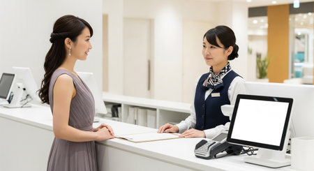 A Japanese woman discusses measurements and delivery at an interior shop counter. Blank documents and screens respect information control.の素材
