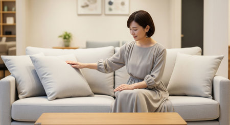 A Japanese woman gently sits on a plain sofa to check comfort under soft store lightingârefined lifestyle shopping visual.の素材