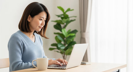 A twenties Japanese woman works on a laptop at a wooden desk in natural light. No UI or logos, a clean versatile home-work background.の素材