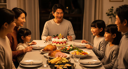 Family and friends gather around a cake for a Christmas home party in Japan. Neutral tableware and warm light create a versatile, friendly scene.の素材