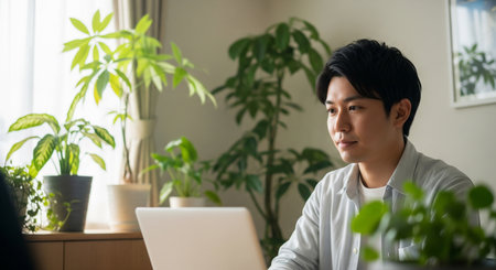 A Japanese man in his thirties joins a video call on a blank-screen laptop at home. Soft natural light and no logos for versatile use.の素材