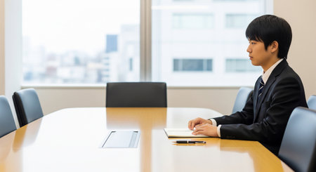 In a typical meeting room, a Japanese exam student practices interviews in a suit. A plain memo and neat posture convey readiness.の素材