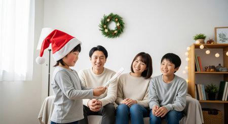 A heartâwarming family moment with a Japanese child wearing a Santa hat. Simple decor and gentle light convey a modest winter memory.の素材