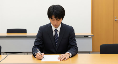 In a typical meeting room, a Japanese exam student practices interviews in a suit. A plain memo and neat posture convey readiness.の素材