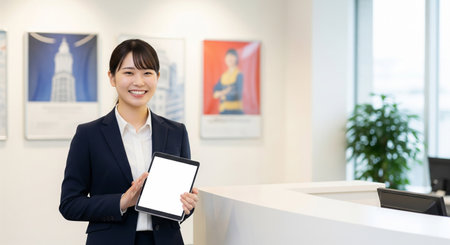 A young Japanese employee holds a blank tablet near office receptionâclean and ideal for recruiting and company pages.の素材