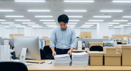 A typical Japanese office at yearâend as an employee organizes the desk. Blank documents help avoid sensitive information and keep a clean look.の素材