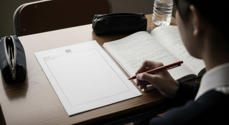 A Japanese high schooler reviews mockâexam results at home using blank printouts and a notebook, marking with a red pen for selfâanalysis.の素材