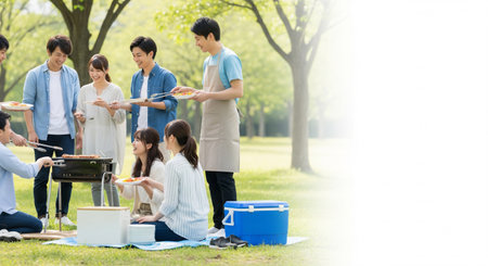 Japanese families and friends enjoy an outdoor BBQ on the lawn with logo-free gear, expressing a cheerful weekend leisure mood.の素材
