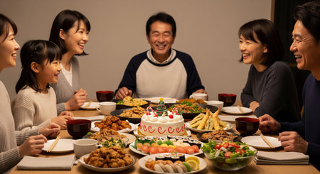 Family and friends gather around a cake for a Christmas home party in Japan. Neutral tableware and warm light create a versatile, friendly scene.の素材