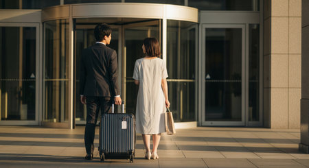 A Japanese couple is seen from behind with suitcases at a generic hotel entrance at duskâuseful for travel and tourism topics.の素材