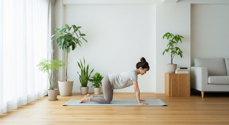 A Japanese woman stretches on a mat in a bright Scandinavian living roomânatural-light interior for home fitness topics.の素材