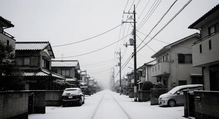 A calm snowfall over a Japanese residential neighborhood rendered in low saturation. A quiet seasonal backdrop for many uses.の素材