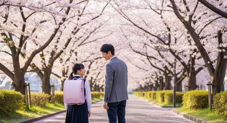 A Japanese parent and new student walk under cherry blossoms in morning light. Plain items ensure versatile spring new-life visuals.の素材