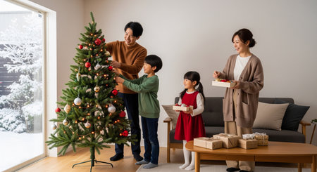 A Japanese family decorates a Christmas tree at home. Neutral ornaments and a typical living room create a warm holiday feel suitable for many uses.の素材