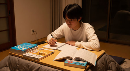A high school student studies with a notebook and plain textbooks at a kotatsu in a Japanese living room. Ideal for winter exam season visuals.の素材