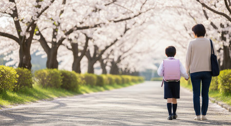 A Japanese parent and new student walk under cherry blossoms in morning light. Plain items ensure versatile spring new-life visuals.の素材
