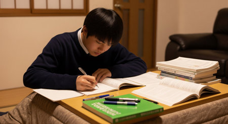 A high school student studies with a notebook and plain textbooks at a kotatsu in a Japanese living room. Ideal for winter exam season visuals.の素材
