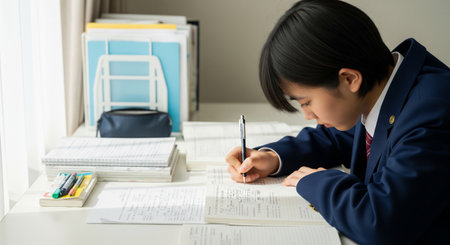 A Japanese high school student focuses on study at a tidy desk with natural light. Simple, versatile for education use.の素材