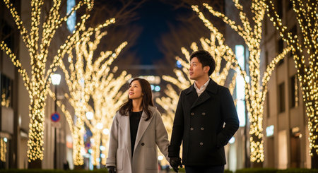 A Japanese couple strolls a city treeâlined avenue at night, enjoying winter illumination. Soft lights and calm tones convey a warm holiday atmosphere.の素材