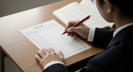 A Japanese high schooler reviews mockâexam results at home using blank printouts and a notebook, marking with a red pen for selfâanalysis.の素材