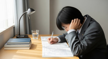 A Japanese high school student focuses on study at a tidy desk with natural light. Simple, versatile for education use.の素材