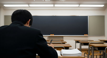 A typical cramâschool classroom with a Japanese high schooler taking notes from the back. Blank board and handouts keep it generic for educational use.の素材