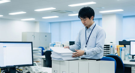 A typical Japanese office at yearâend as an employee organizes the desk. Blank documents help avoid sensitive information and keep a clean look.の素材